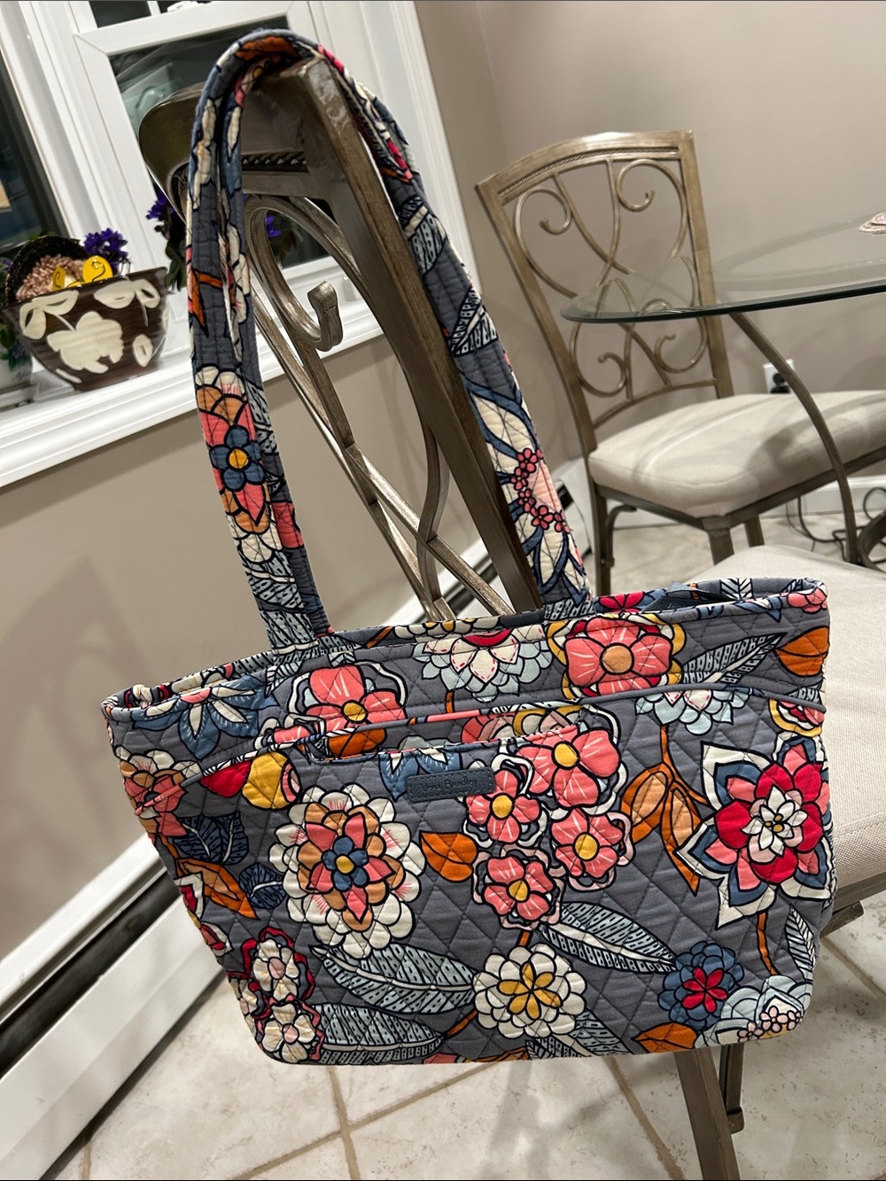 Vera Bradley Quilted Floral Tote in Gray with Pink & Orange Accents